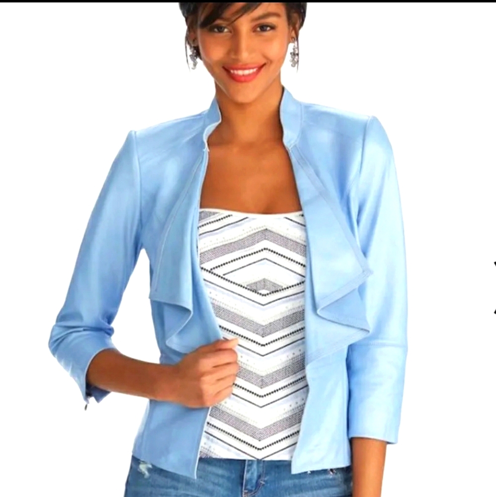 3/4 SLEEVE BLUE LEATHER JACKET